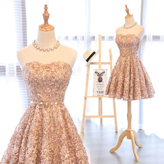 Lovely Champagne Knee Length Party Dress , Lace Floral Homecoming Dress Lovely Champagne Knee Length Party Dress , Lace Floral Homecoming Dress