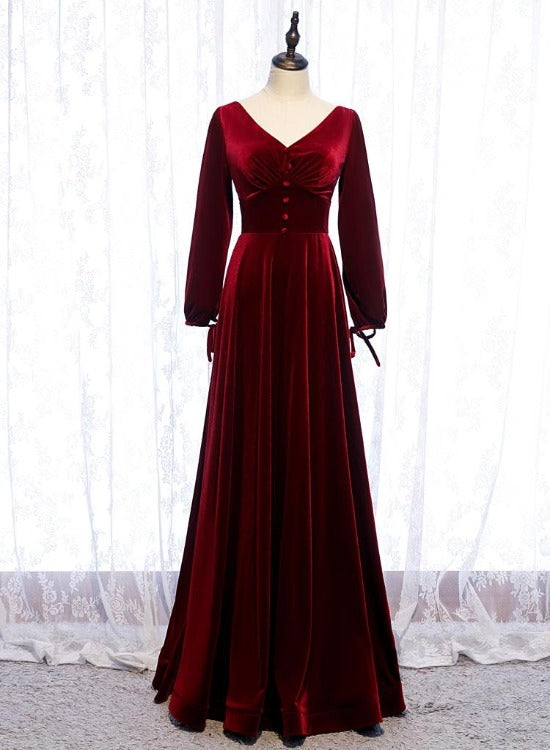 Charming Dark Red Velvet Long Sleeves A-line Party Dress, Bridesmaid D Cutedressy Charming Dark Red Velvet Long Sleeves A-line Party Dress, Bridesmaid D Cutedressy