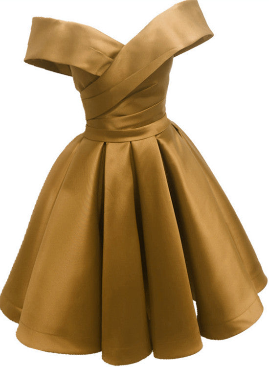 Champagne Satin Short Off Shoulder Bridesmaid Dress, Cute Short Homeco Cutedressy Champagne Satin Short Off Shoulder Bridesmaid Dress, Cute Short Homeco Cutedressy
