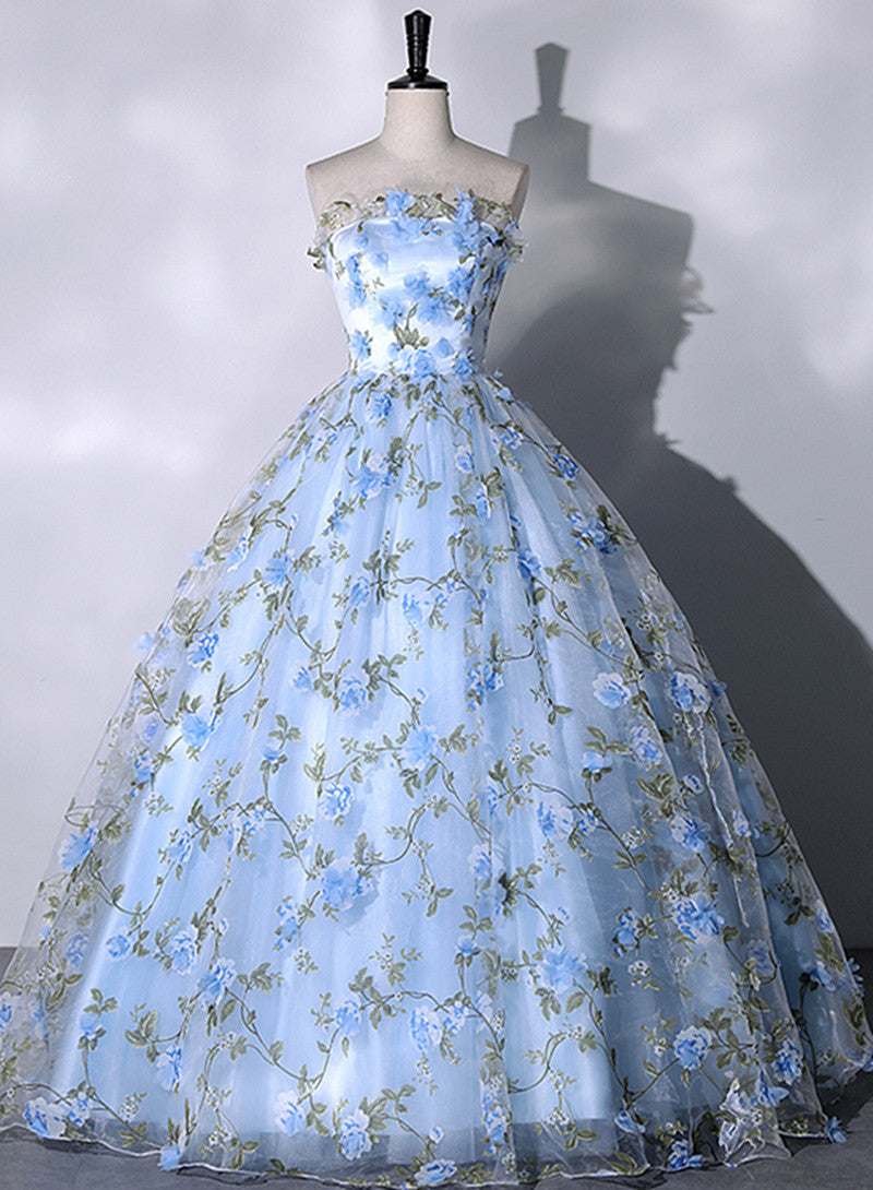 Blue Flowers Sweetheart Ball Gown Formal Dress, Blue Long Sweet 16 Dre Cutedressy Blue Flowers Sweetheart Ball Gown Formal Dress, Blue Long Sweet 16 Dre Cutedressy