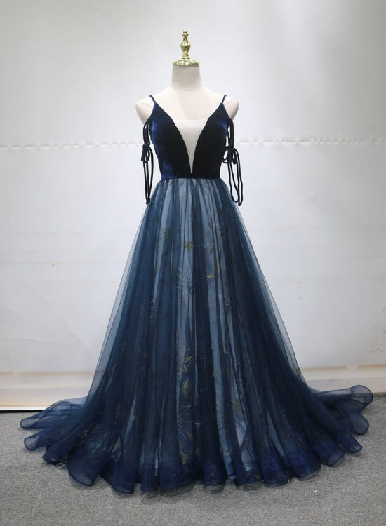 navy blue prom dresses 2022 Dark Navy Blue V-neck A-line Tulle Long Prom Dress Evening Dress, OL61 DaintyBridal