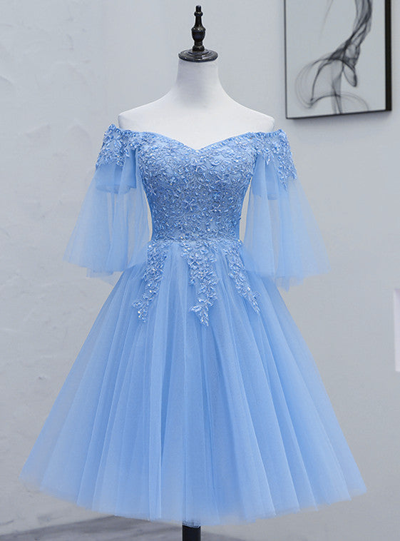 Lovely Light Blue with Lace Off Shoulder Short Prom Dress, Blue Homeco Cutedressy Lovely Light Blue with Lace Off Shoulder Short Prom Dress, Blue Homeco Cutedressy