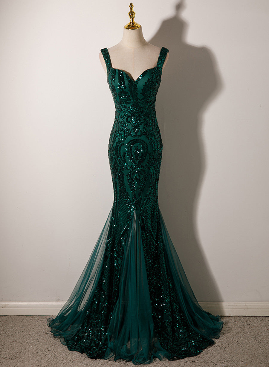Dark Green Mermaid Tulle with Sequins Straps Party Dress, Mermaid Long Cutedressy Dark Green Mermaid Tulle with Sequins Straps Party Dress, Mermaid Long Cutedressy
