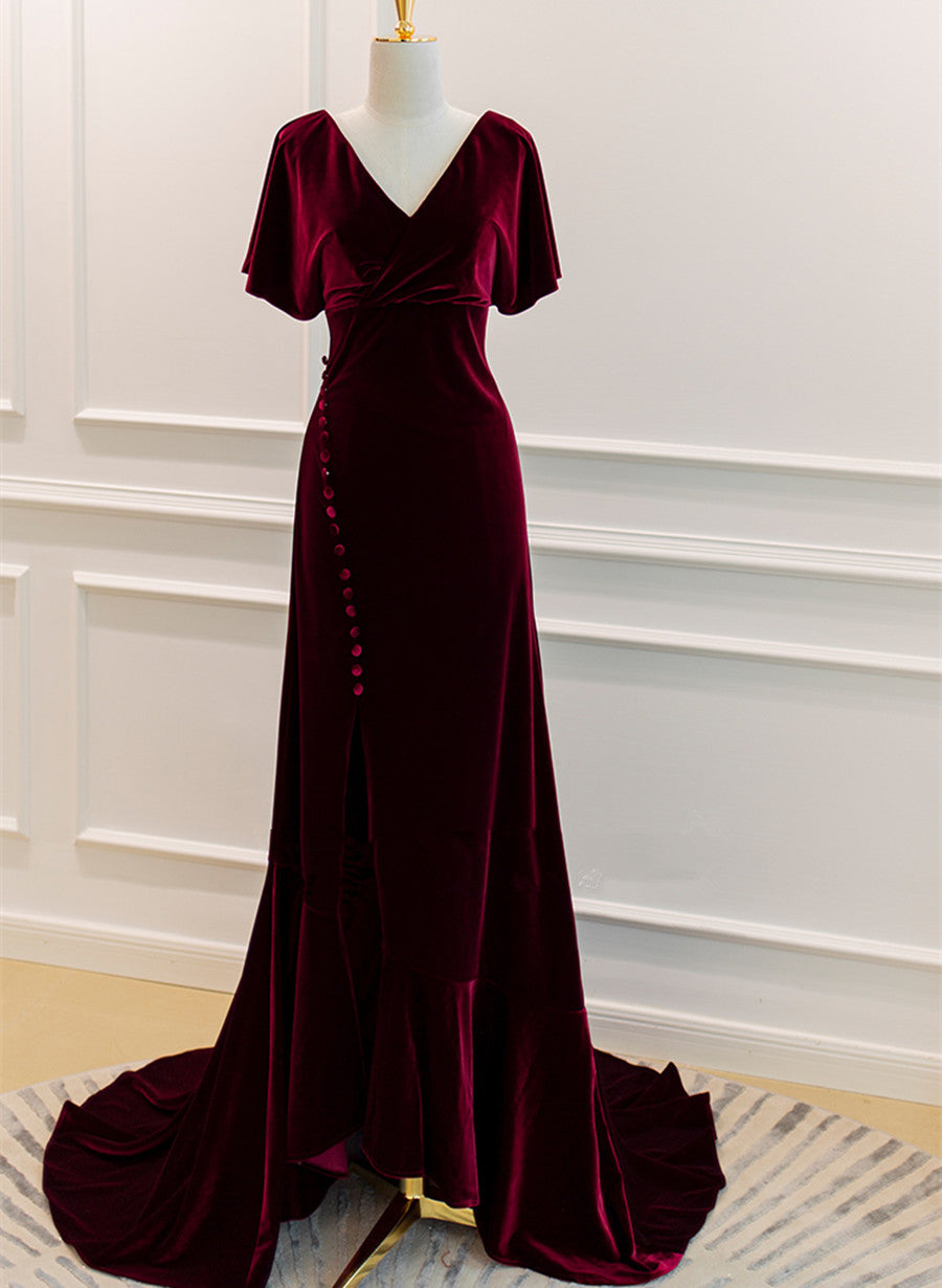 Wine Red Velvet Long Wedding Party Dress with Leg Slit, Wine Red Forma Cutedressy Wine Red Velvet Long Wedding Party Dress with Leg Slit, Wine Red Forma Cutedressy