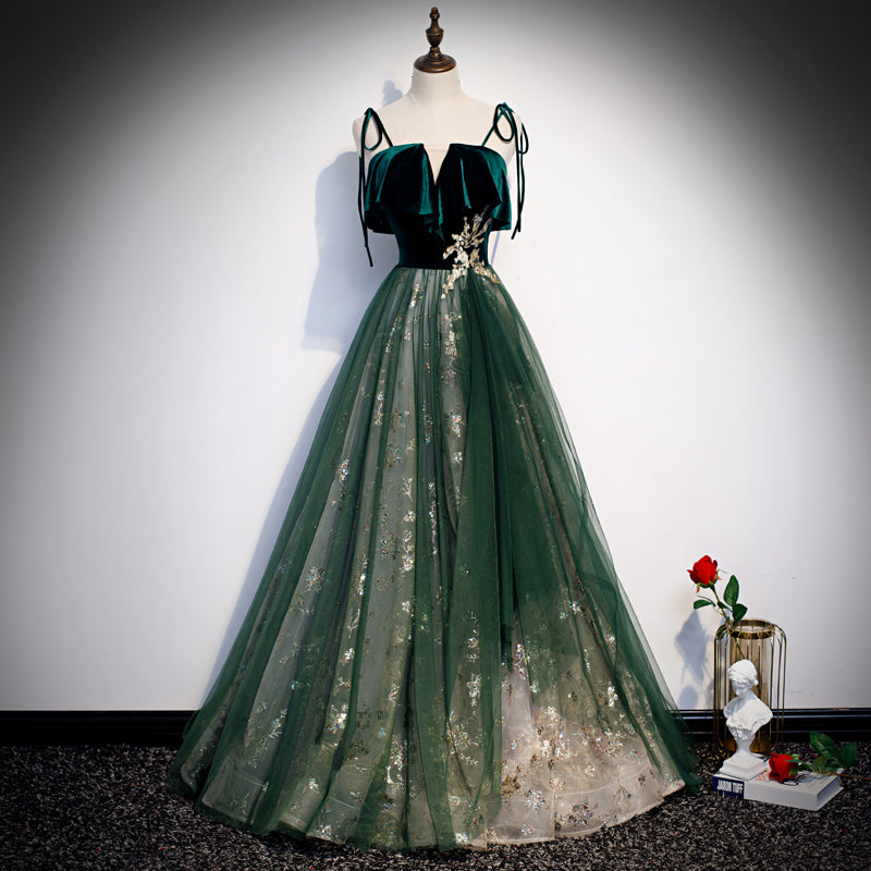 Custom Green Tulle and Velvet Straps Long Party Dress, Green Prom Dres Cutedressy Custom Green Tulle and Velvet Straps Long Party Dress, Green Prom Dres Cutedressy