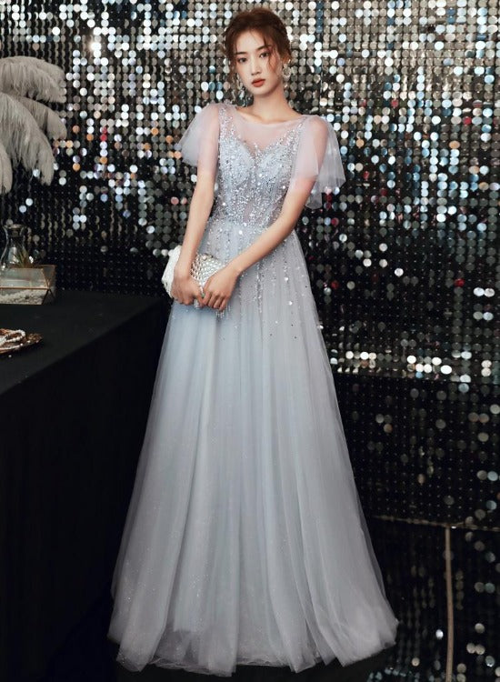 Beautiful Sliver Grey Tulle Beaded Cap Sleeves Formal Dress, A-line Lo Cutedressy Beautiful Sliver Grey Tulle Beaded Cap Sleeves Formal Dress, A-line Lo Cutedressy