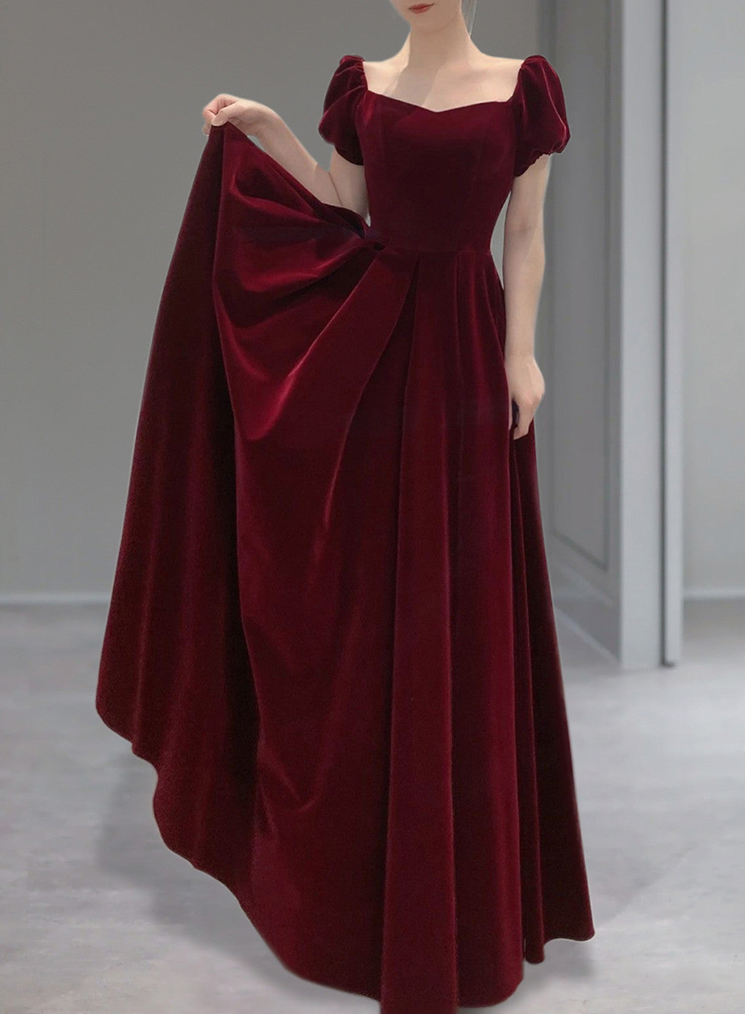 Burgundy Velvet Cap Sleeves Long Formal Dresses, A-line Velvet Evening Burgundy Velvet Cap Sleeves Long Formal Dresses, A-line Velvet Evening