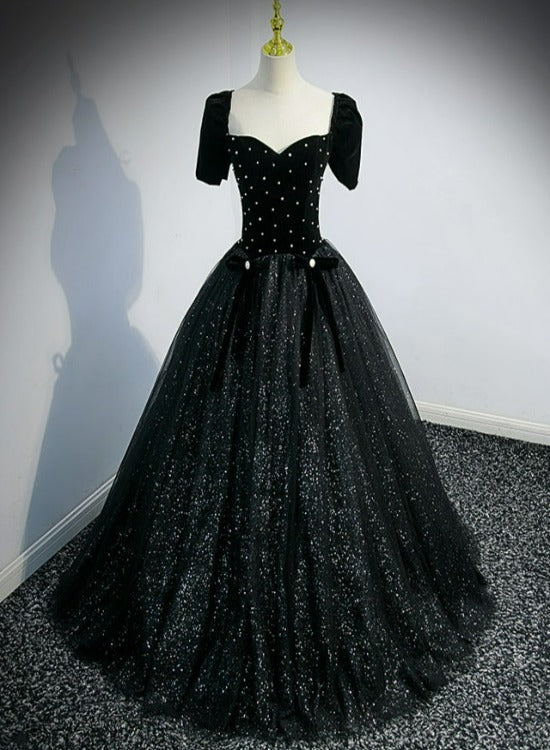 Black Short Sleeves Shiny Tulle Long Party Dress, Ball Gown Beaded Bla – Cutedressy Black Short Sleeves Shiny Tulle Long Party Dress, Ball Gown Beaded Bla – Cutedressy