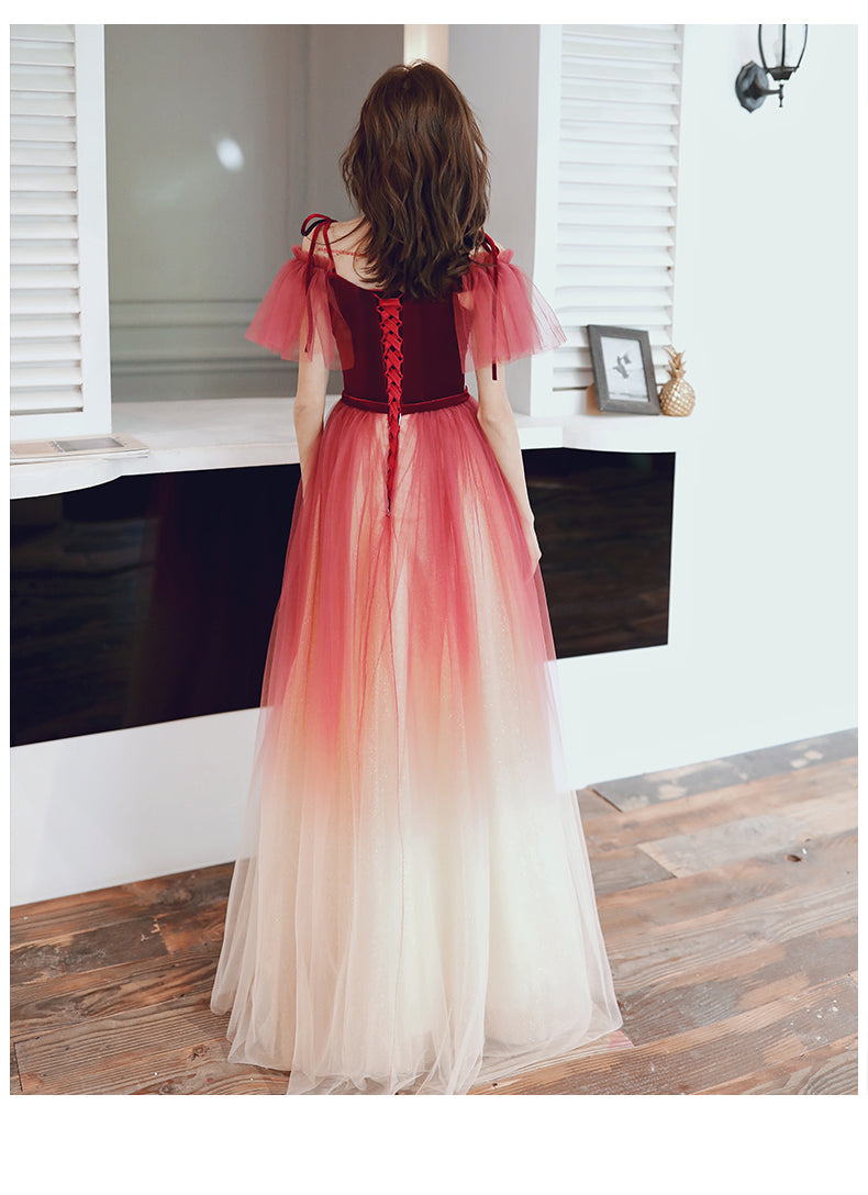 Red Tulle and Velvet Gradient Straps Long Evening Gown, Red Lovely Prom Dresses