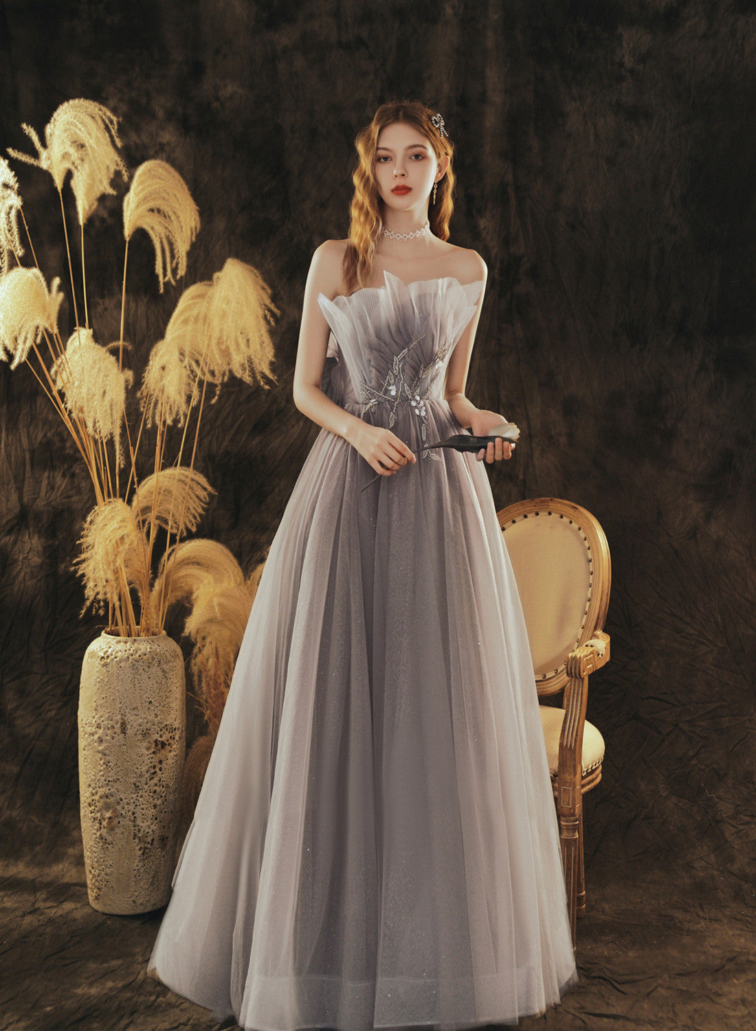 Grey Gradient Tulle Beaded A-line Lace-up Party Dress, Grey Long Prom Cutedressy Grey Gradient Tulle Beaded A-line Lace-up Party Dress, Grey Long Prom Cutedressy