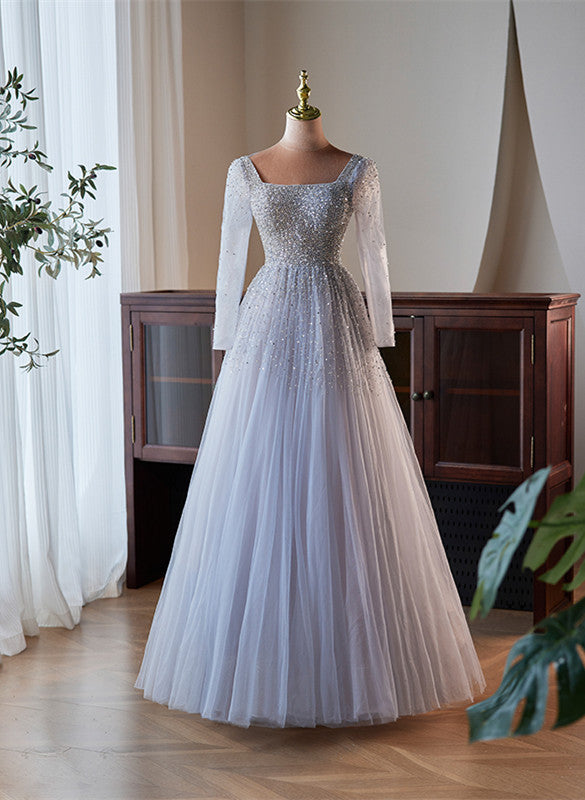 A-line Tulle Sequins Long Sleeves Party Dress, Sliver-Grey Shiny Prom Cutedressy A-line Tulle Sequins Long Sleeves Party Dress, Sliver-Grey Shiny Prom Cutedressy