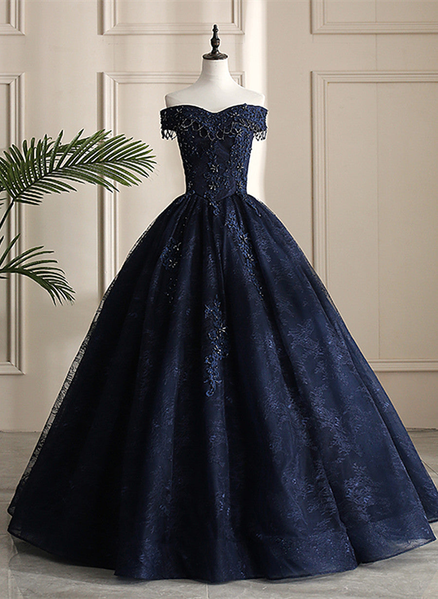 Navy Blue Sweetheart with Lace Applique Sweet 16 Dress, Blue Long Form Cutedressy Navy Blue Sweetheart with Lace Applique Sweet 16 Dress, Blue Long Form Cutedressy