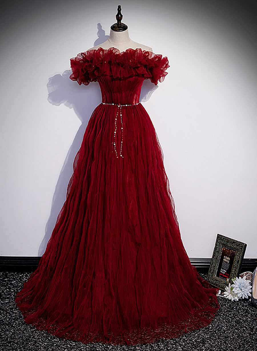 Wine Red Scoop Long Party Dress with Belt, A-line Wine Red Tulle Forma Cutedressy Wine Red Scoop Long Party Dress with Belt, A-line Wine Red Tulle Forma Cutedressy