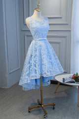 Charming Lace Round Neckline High Low Party Dress with Belt, Cute Party Dress Charming Lace Round Neckline High Low Party Dress with Belt, Cute Party Dress