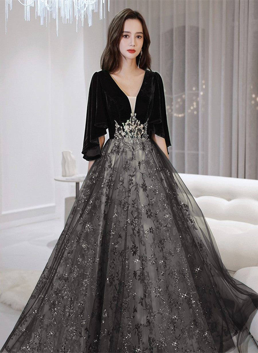 Black Velvet and Tulle Long Lace Party Dress, Black A-line Formal Dres Black Velvet and Tulle Long Lace Party Dress, Black A-line Formal Dres