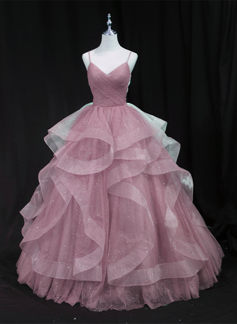 light pink sweet 16 dresses Pink Tulle Straps Long Formal Dress Prom Dress, Pink Ball Gown Sweet 1 – Cutedressy
