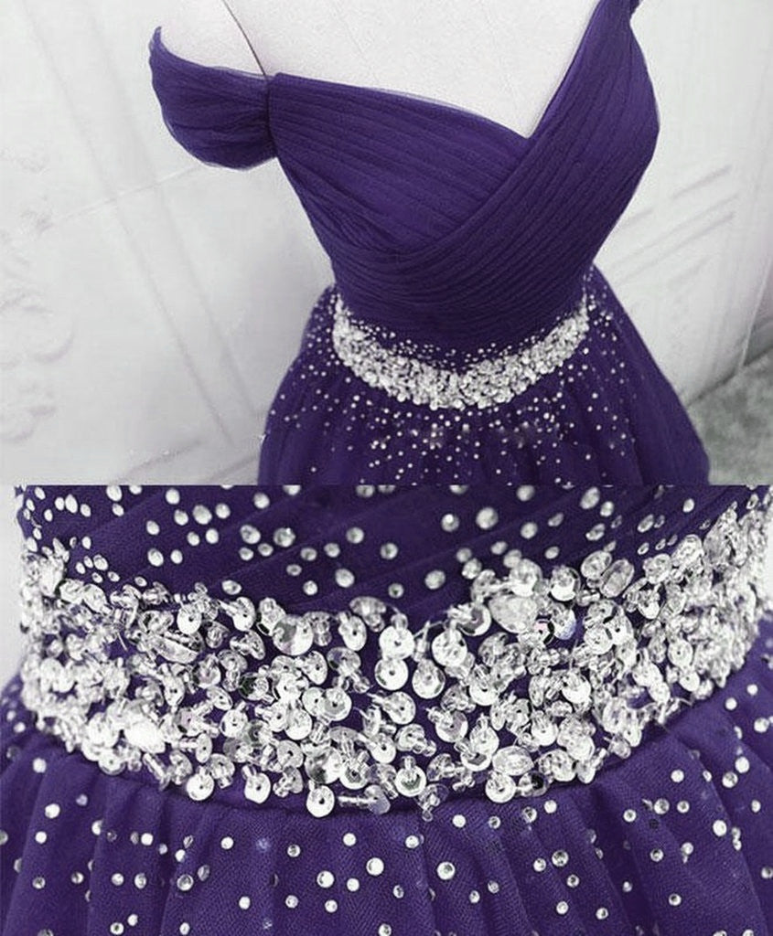 Purple Tulle Beaded Cute Off Shoulder Short Prom Dress, Purple Homecoming Dress Party Dress Purple Tulle Beaded Cute Off Shoulder Short Prom Dress, Purple Homecoming Dress Party Dress