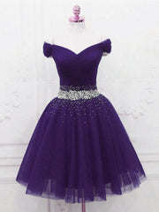 Purple Tulle Beaded Cute Off Shoulder Short Prom Dress, Purple Homecoming Dress Party Dress Purple Tulle Beaded Cute Off Shoulder Short Prom Dress, Purple Homecoming Dress Party Dress