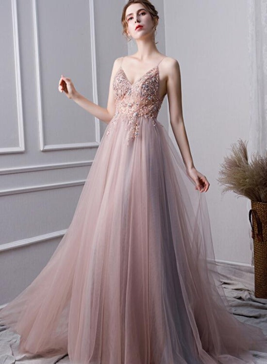 Pink Beaded High Slit Tulle V-neckline Long Party Dress, A-line Tulle Cutedressy Pink Beaded High Slit Tulle V-neckline Long Party Dress, A-line Tulle Cutedressy