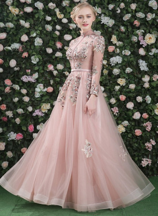 Pink Floral Lace Long Sleeves Tulle A-line Prom Dress, Pink Bridesmaid Cutedressy Pink Floral Lace Long Sleeves Tulle A-line Prom Dress, Pink Bridesmaid Cutedressy