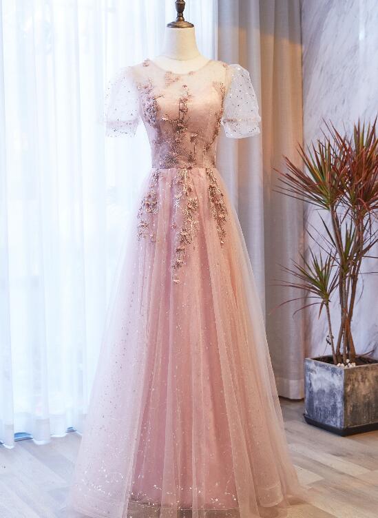 Pink Tulle with Puffy Sleeves Floral Long Evening Dress, Pink Long Par Cutedressy Pink Tulle with Puffy Sleeves Floral Long Evening Dress, Pink Long Par Cutedressy