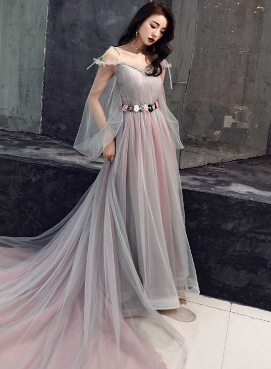 Pink and Grey Tulle Puffy Sleeves Formal Dress with Flowers, A-line Tu Cutedressy Pink and Grey Tulle Puffy Sleeves Formal Dress with Flowers, A-line Tu Cutedressy