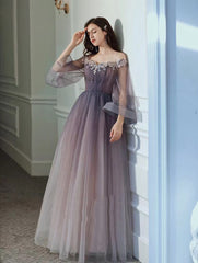 Purple Gradient Tulle Long Sleeves Straps Prom Dress Party Dress, A-line Tulle Formal Dresses