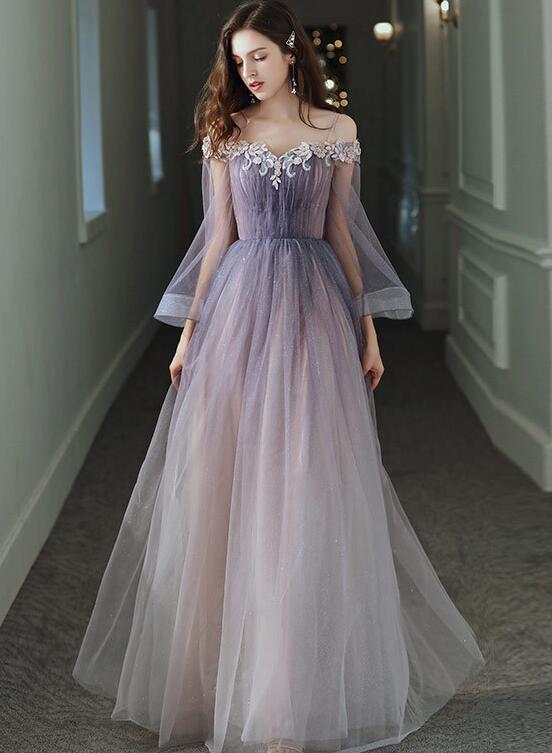 Purple Gradient Tulle Long Sleeves Straps Prom Dress Party Dress, A-line Tulle Formal Dresses