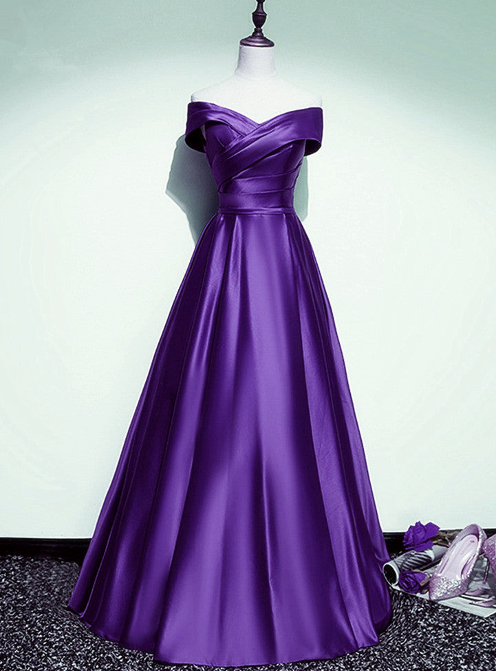Purple Satin Off Shoulder A-line Long Party Dress, Floor Length Junior