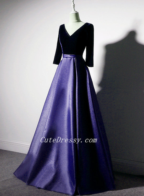 Purple Satin with Velvet Long Party Dress Formal Dress, Purple Evening Cutedressy Purple Satin with Velvet Long Party Dress Formal Dress, Purple Evening Cutedressy
