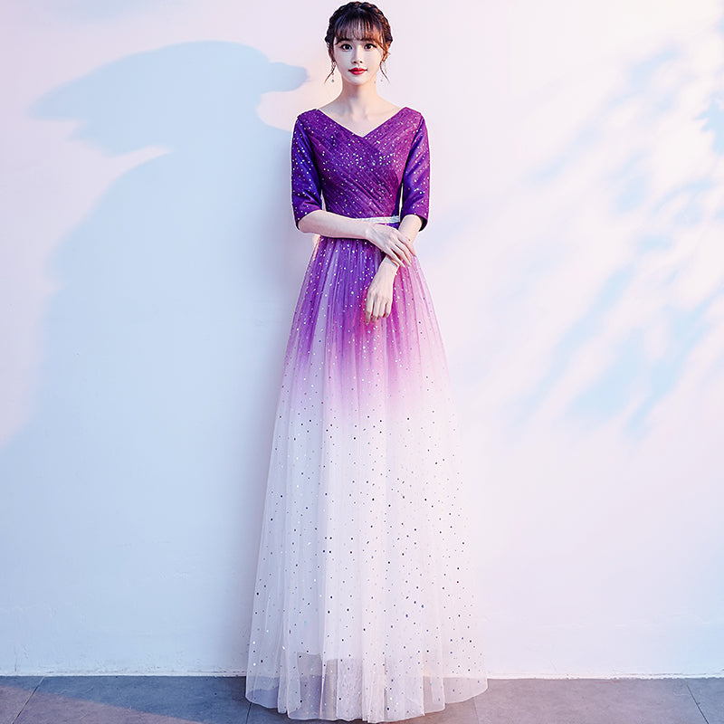 Gradient Purple and White V-neckline Short Sleeves Party Dresses, A-line Floor Length Bridesmaid Dress Gradient Purple and White V-neckline Short Sleeves Party Dresses, A-line Floor Length Bridesmaid Dress