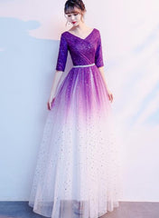 Gradient Purple and White V-neckline Short Sleeves Party Dresses, A-line Floor Length Bridesmaid Dress Gradient Purple and White V-neckline Short Sleeves Party Dresses, A-line Floor Length Bridesmaid Dress