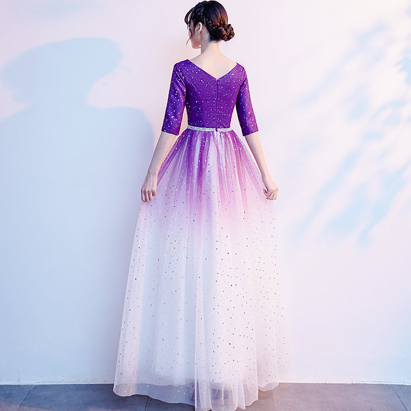 Gradient Purple and White V-neckline Short Sleeves Party Dresses, A-line Floor Length Bridesmaid Dress Gradient Purple and White V-neckline Short Sleeves Party Dresses, A-line Floor Length Bridesmaid Dress
