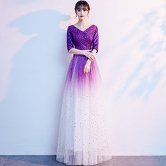Gradient Purple and White V-neckline Short Sleeves Party Dresses, A-line Floor Length Bridesmaid Dress Gradient Purple and White V-neckline Short Sleeves Party Dresses, A-line Floor Length Bridesmaid Dress