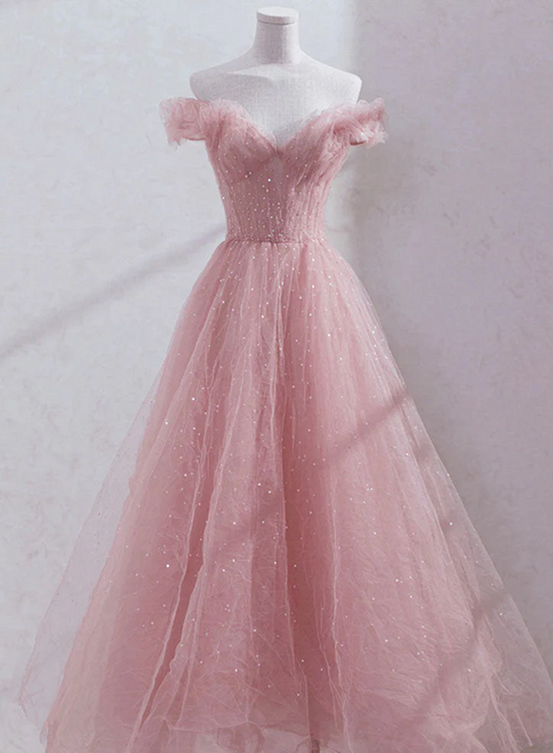 off the shoulder pink prom dress Pink Sweetheart Off Shoulder Sequins Long Evening Dress, Pink Prom Dre – Cutedressy