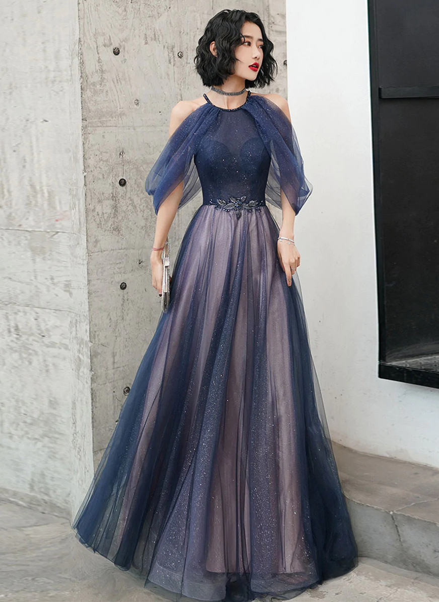A-line Halter Tulle Floor Length Prom Dress, Blue Long Party Dresses Cutedressy A-line Halter Tulle Floor Length Prom Dress, Blue Long Party Dresses Cutedressy