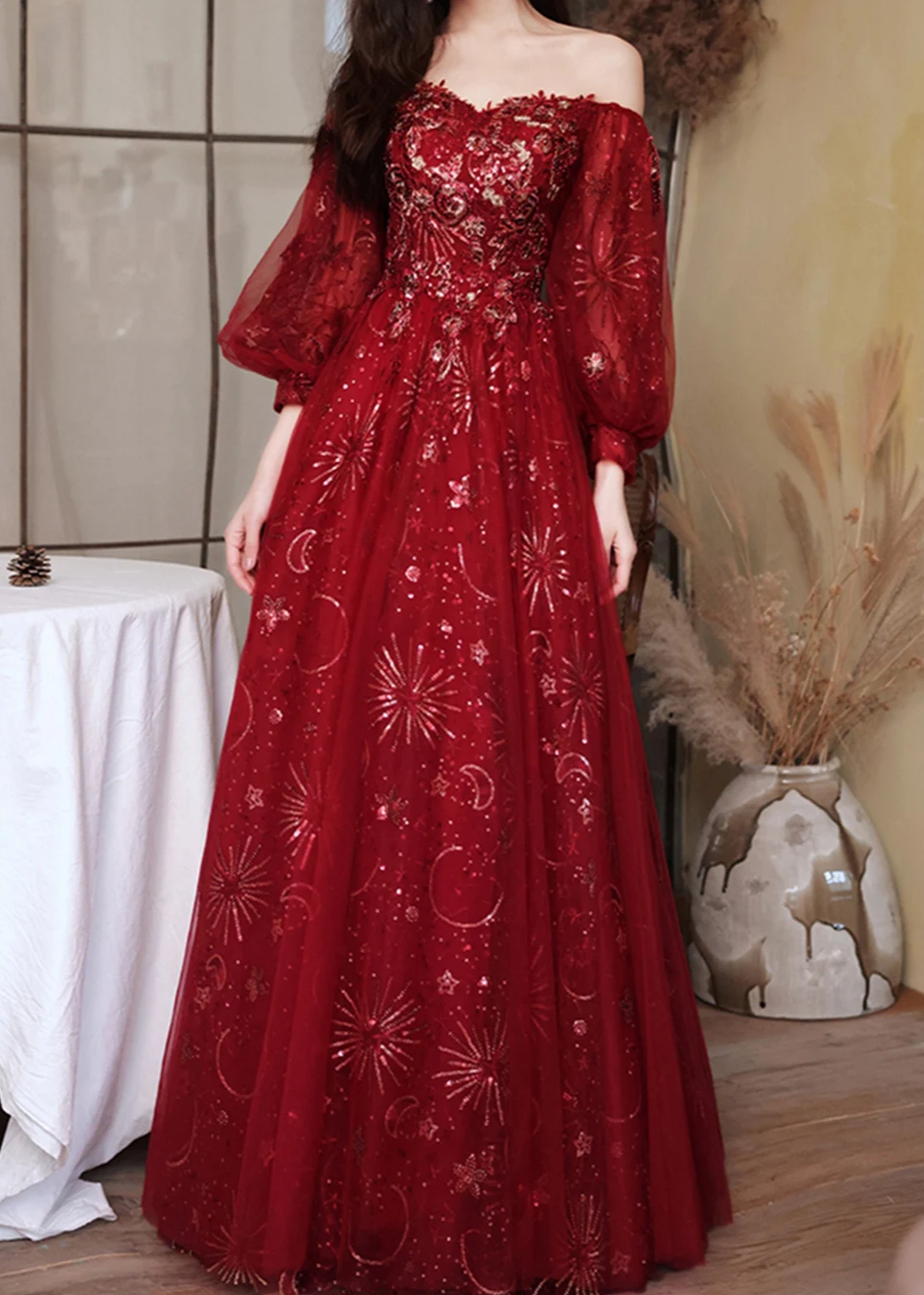 Dark red 2025 lace prom dress