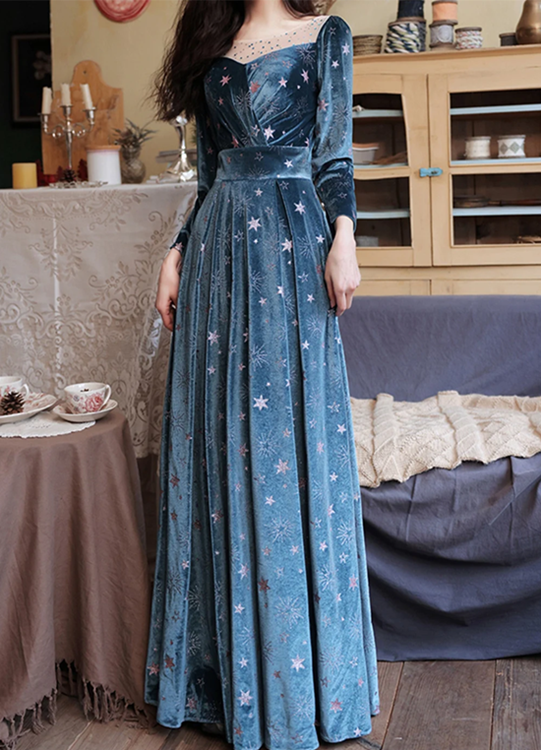Blue Velvet Prom Dress A-line Evening Dress,Long Sleeves Prom Party Dr Cutedressy Blue Velvet Prom Dress A-line Evening Dress,Long Sleeves Prom Party Dr Cutedressy