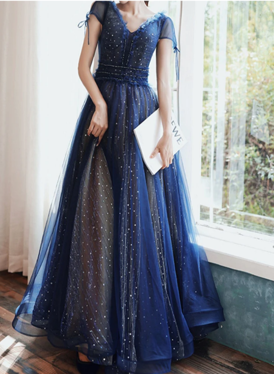 A line Tulle Navy Blue Long Evening Dress V Neck Banquet Dress Short