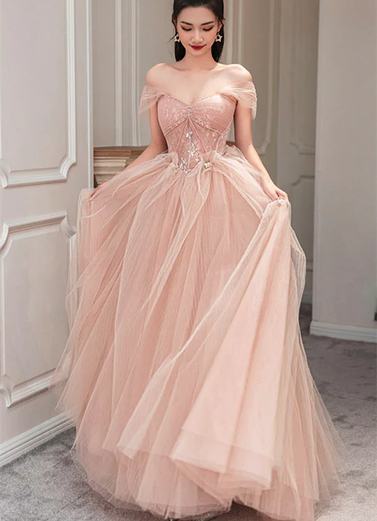 Pink Sweetheart with Lace Beaded Tulle Junior Prom Dress, Pink Long Fo Cutedressy Pink Sweetheart with Lace Beaded Tulle Junior Prom Dress, Pink Long Fo Cutedressy