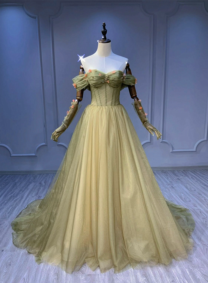 Beautiful Light Green Sweetheart Flowers Long Party Dress, Green Tulle Cutedressy Beautiful Light Green Sweetheart Flowers Long Party Dress, Green Tulle Cutedressy