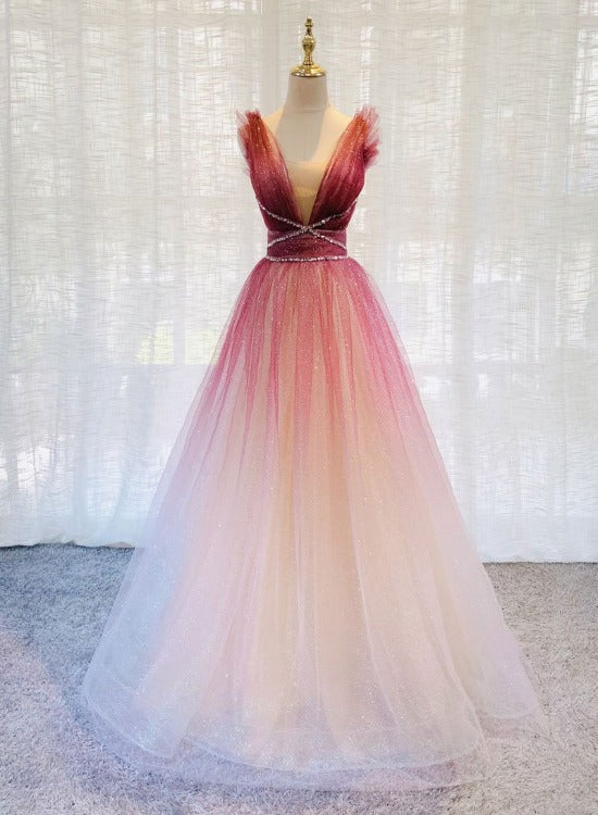 Red and White Gradient Tulle Deep V-neckline New Style Party Dress, Re Cutedressy Red and White Gradient Tulle Deep V-neckline New Style Party Dress, Re Cutedressy