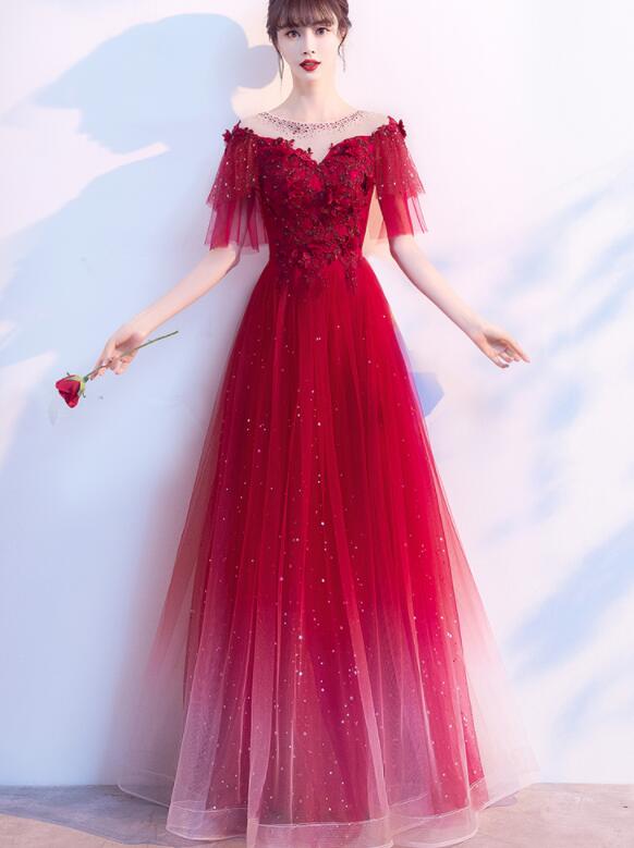 Charming Red Tulle Off Shoudler Gradient Party Dress, A-line Prom Dres Cutedressy Charming Red Tulle Off Shoudler Gradient Party Dress, A-line Prom Dres Cutedressy