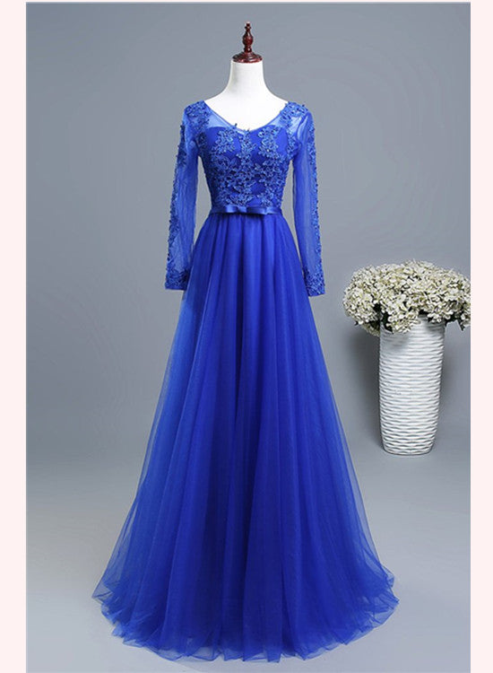 Royal Blue Long Sleeves Tulle with Lace Applique Formal Gown, Blue Bri Cutedressy Royal Blue Long Sleeves Tulle with Lace Applique Formal Gown, Blue Bri Cutedressy