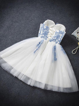 Short White Tulle with Blue Applique Junior Prom Dresses, Lovely Homecoming Dresses, Formal Dresses