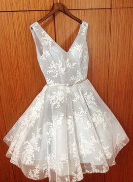 Light Grey Lace Homecoming Dress, V-neckline Formal Dress