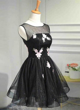Black Tulle O Neckline Short Homecoming Dresses, Black Party Dresses, Short Party Dress