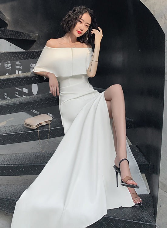 Sexy White Off Shoulder with Leg Slit Long Evening Dress, White Formal Cutedressy Sexy White Off Shoulder with Leg Slit Long Evening Dress, White Formal Cutedressy