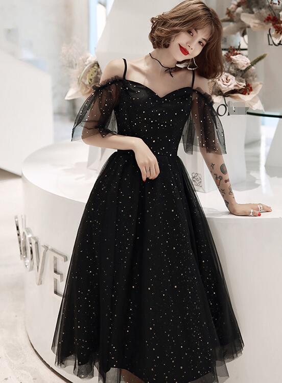 Shiny Black Off Shoulder Tea Length Party Dress Prom Dress, Black Home Cutedressy Shiny Black Off Shoulder Tea Length Party Dress Prom Dress, Black Home Cutedressy
