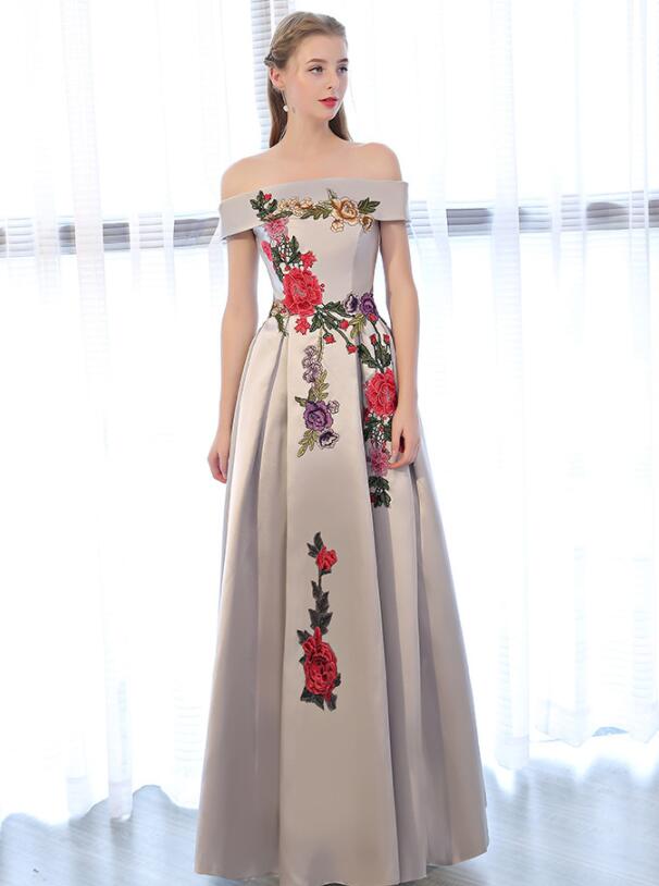 Sliver Grey Satin Off Shoulder Long Party Dress with Embroidery, A-lin Cutedressy Sliver Grey Satin Off Shoulder Long Party Dress with Embroidery, A-lin Cutedressy